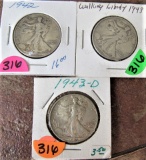 1942, 43, 43-D Walking Liberty Half Dollars