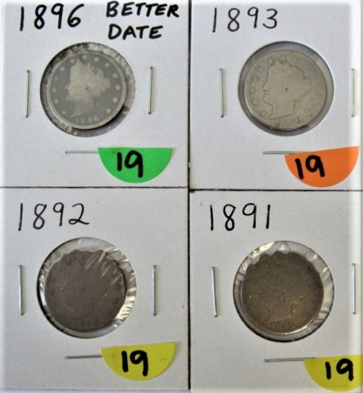 1891, 92, 93, 96 Liberty Nickels