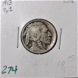 1913 P T1 Buffalo Nickel -Good