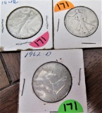 (2) 1942, (1) 1962-D Franklin Half Dollars