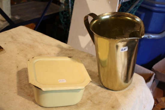 (2) Cream and Green Enamel Bowl & Color Craft Alum. Pitcher
