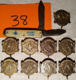 9 Sterling Masonic Lodge Pins/Metals and a Pocket knife