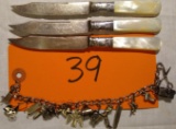 Sterling Silver Charm Bracelet and 3 Sterling Handled Knives