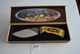 Ornate -Etched Blade-Bone Handle Elkscene Knife w/Box