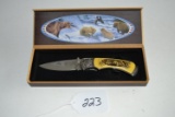 Ornate-Etched Blade -Bonehandle Bear Scene Knife