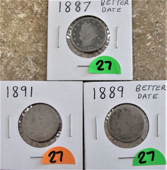 1887, 89, 91 Liberty Nickels