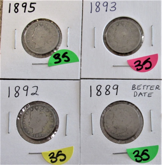 1889, 92, 93, 95 Liberty Nickels