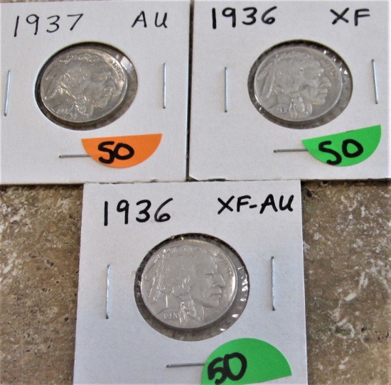 1936, 36, 37 Buffalo Nickels