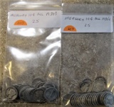 2 bags of 25 1930s Mercury Dime