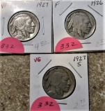 1926-P, 1927-P, 1927-S Buffalo Nickels, F, VF, VG