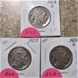 1928-P, 1928-D, 1928-S Buffalo Nickels, VF, F, VF