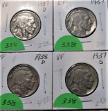 1937-P, 1937-D, 1937-S, 1938-D Buffalo Nickels