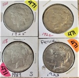 (4) 1922, 23, 23-S, 25 Peace Dollars