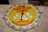 Rare Foxbilt Feeds Stamps Advert. Thermometer Pam Clock