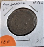 1853 Large Cent Rim Damaged VF