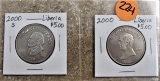 2 Liberia $5 Coins/ Jefferson / Bush