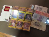 9 baseball cards, 4 various foreign currency