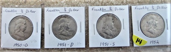 1950-D, 51-D, 51-S, 52 Franklin Half Dollars