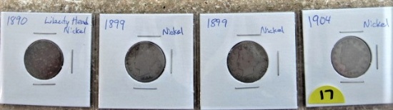 1890, 1899, 1899, 1904 Liberty Head Nickels