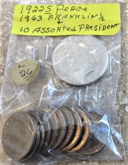 1922-S Peace, 1963 Franklin Half, 10 Assorted Presidental Dollars