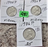 (2) 1983-P Nickels, (1) Washington Quarter