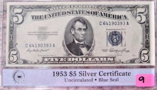 1953 $5 Uncirculated Silver Certificate Blue Seal