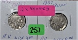 (2) 1937 Buffalo Nickels