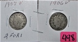 1907, 1906 V Nickels