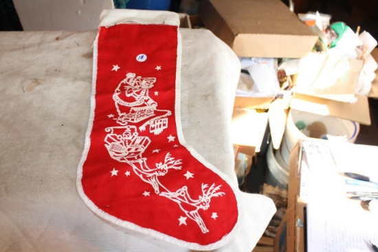 Antique Cloth Santa and Reindeer Stocking