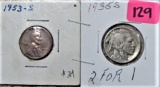 1953-S Lincoln Cent, 1935-S Buffalo Nickel
