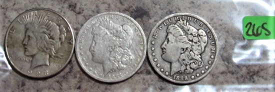 1923-S Peace, 1884-O, 1888-O Morgan Dollars