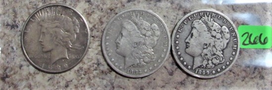 1922-S Peace, 1883-O, 1899-O Morgan Dollars