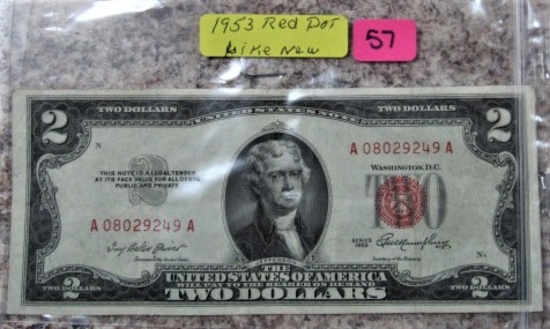 1953 Red Dot $2 Note