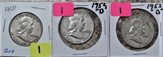1950, 52-D, 53-D Franklin Half Dollars