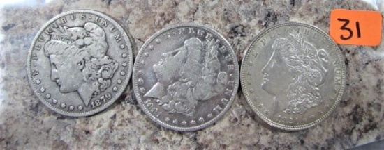 1879-O, 1881-O, 1921-S Morgan Dollars