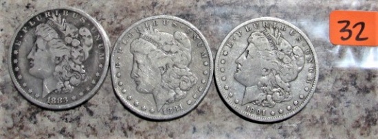 1883-O, 1881, 1891-O Morgan Dollars