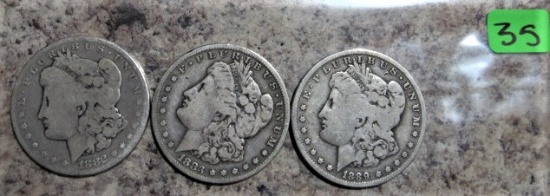 1882, 1883-S, 1889-O Morgan Dollars