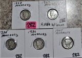 1928, 1929, 1935, 1936, 1945 Mercury Dimes