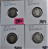 1914-D, 1014, 1015, 1916 Barber Dimes