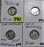 1937-D, 1939, 1940, 1940-D Mercury Dimes
