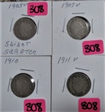 1905, 1907, 1910, 1911 V Nickels