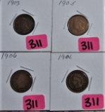 1903, 1905, 1906, 1906 Indian Head Cents