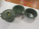 green enamel double broiler (pot, melting pan & colander)
