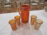 Marigold Carnival glass pitcher w/ 4 glasses (Tree bark pattern by Jeanette glass)
