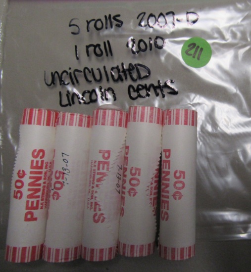 4 rolls of uncirculated 2007D cents and 1 roll of uncirculated 2010 Cents