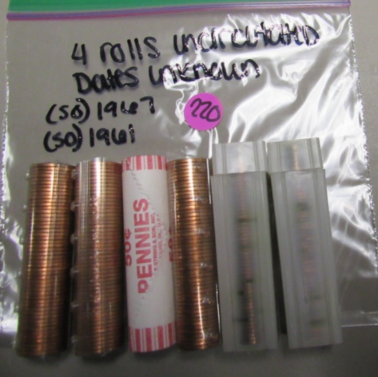 300 Total cents, 4 rools Uncirculated Dates Unknownd and roll of 1967 and 1961 Cents