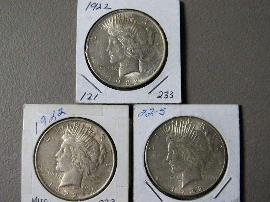 (2) 1922 and a 1922S Peace Dollars