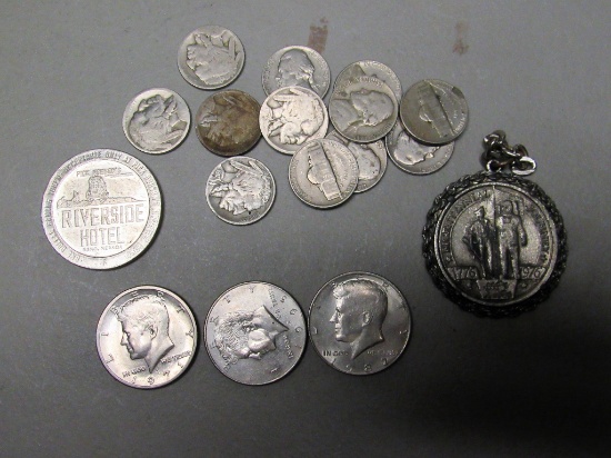 12 Nickels, 3 JFK Clad Halves, Riverside Reno 1979 Token, Bicentenial Medal