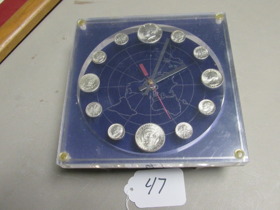 Battery Operated Coin Clock, Blue with world Map Image, Free Standing