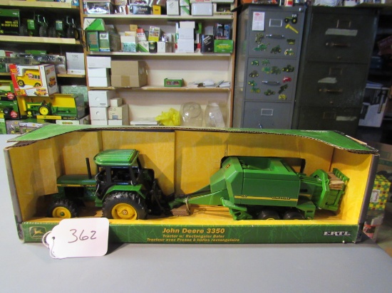 diecast JD "3350" tractor & rectangular baler W/box